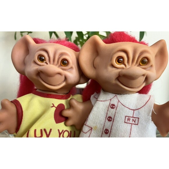 Vintage Uneeda Wishnik 6” Troll Dolls (2) Hong Kong 1966 Long Red Hair & Clothes - Picture 9 of 9